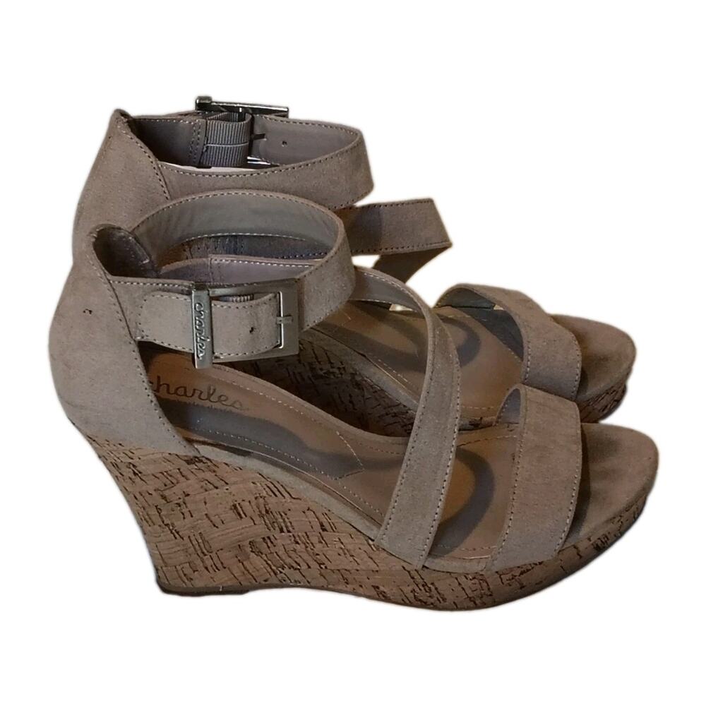 Charles by Charles David Beige Suede Strappy Ankle Strap Cork Wedge Sandals 7M